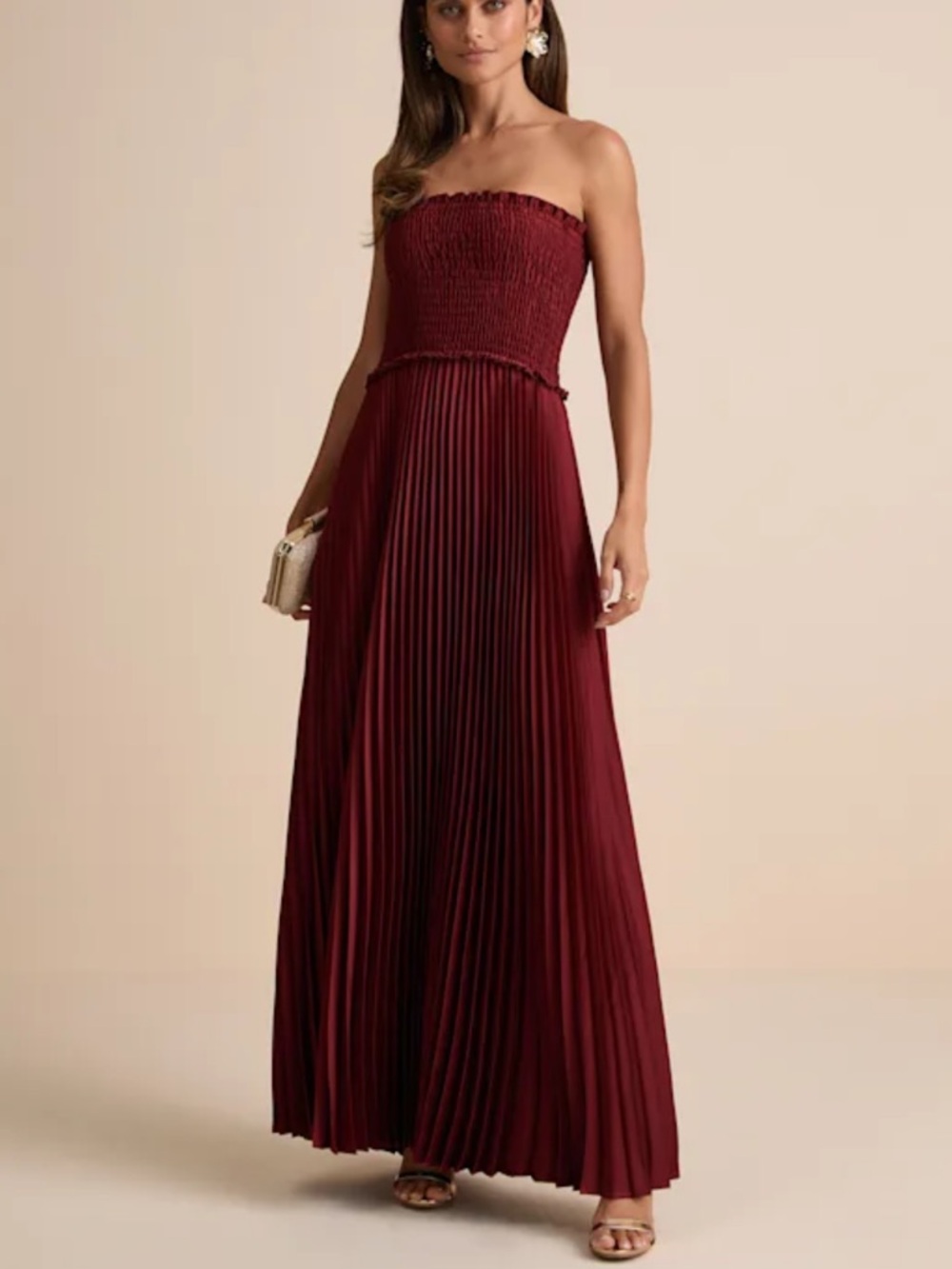 Lulu's Strapless Pleated Maxi Dress - Burgundy